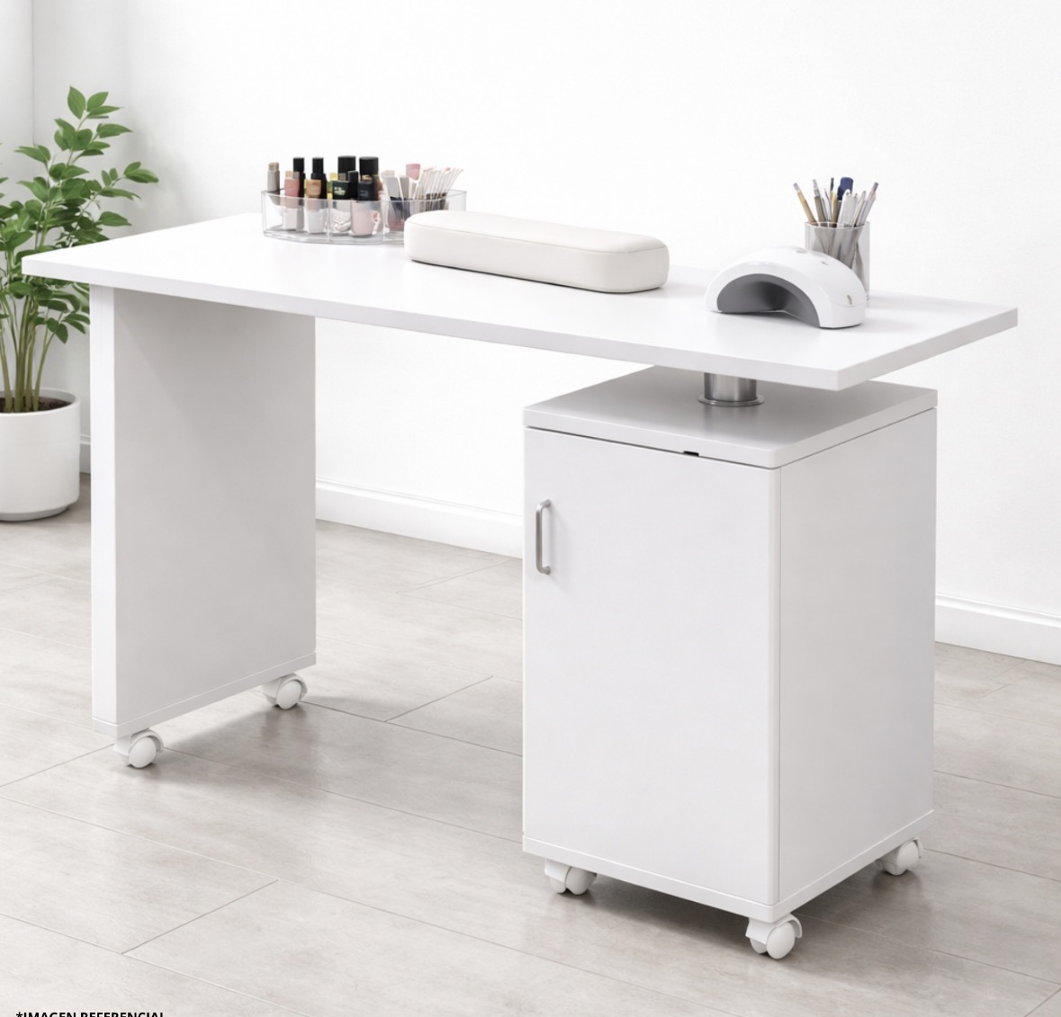 Mesa profesional plegable para manicura con gabinete y ruedas blancas - Imagen 4