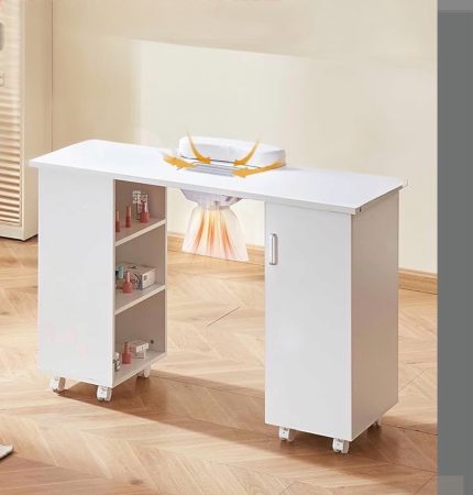 Mesa profesional para manicura con extractor y ruedas blancas