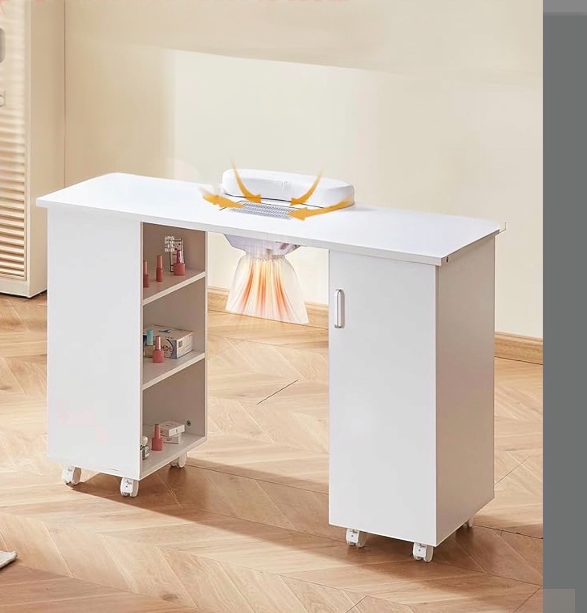 Mesa profesional para manicura con extractor y ruedas blancas